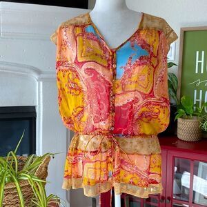 Just Pearls Sheer Cover Colorful Button Down Drawstring XL Artsy Fun Vibrant